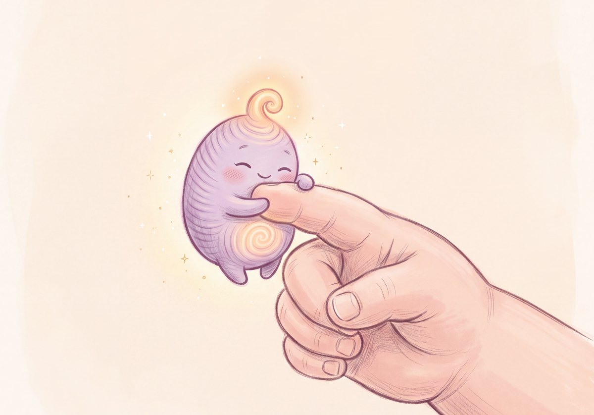 The Dream Keeper happily hugging a child’s fingertip