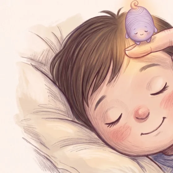 A grown-up fingertip gently playing the story on a sleeping child